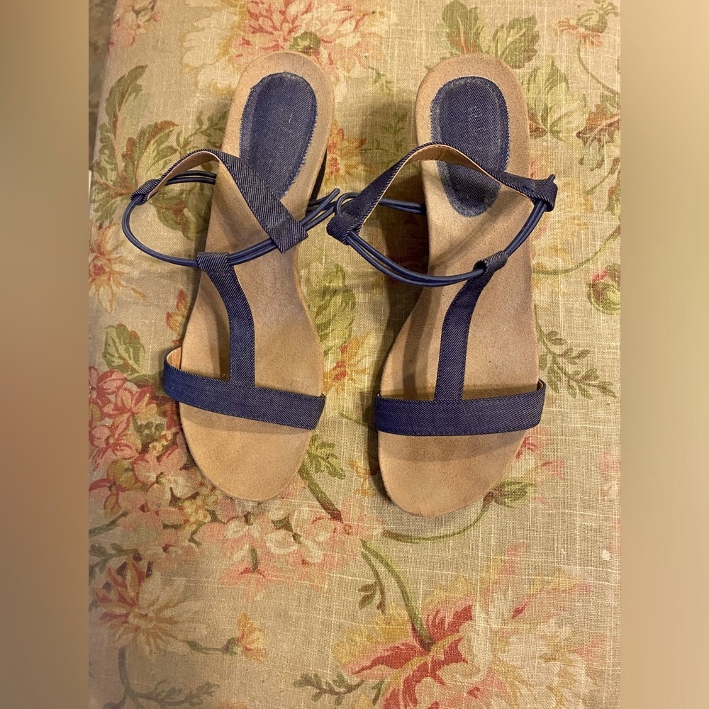 Blue denim look wedge sandals size 7.5